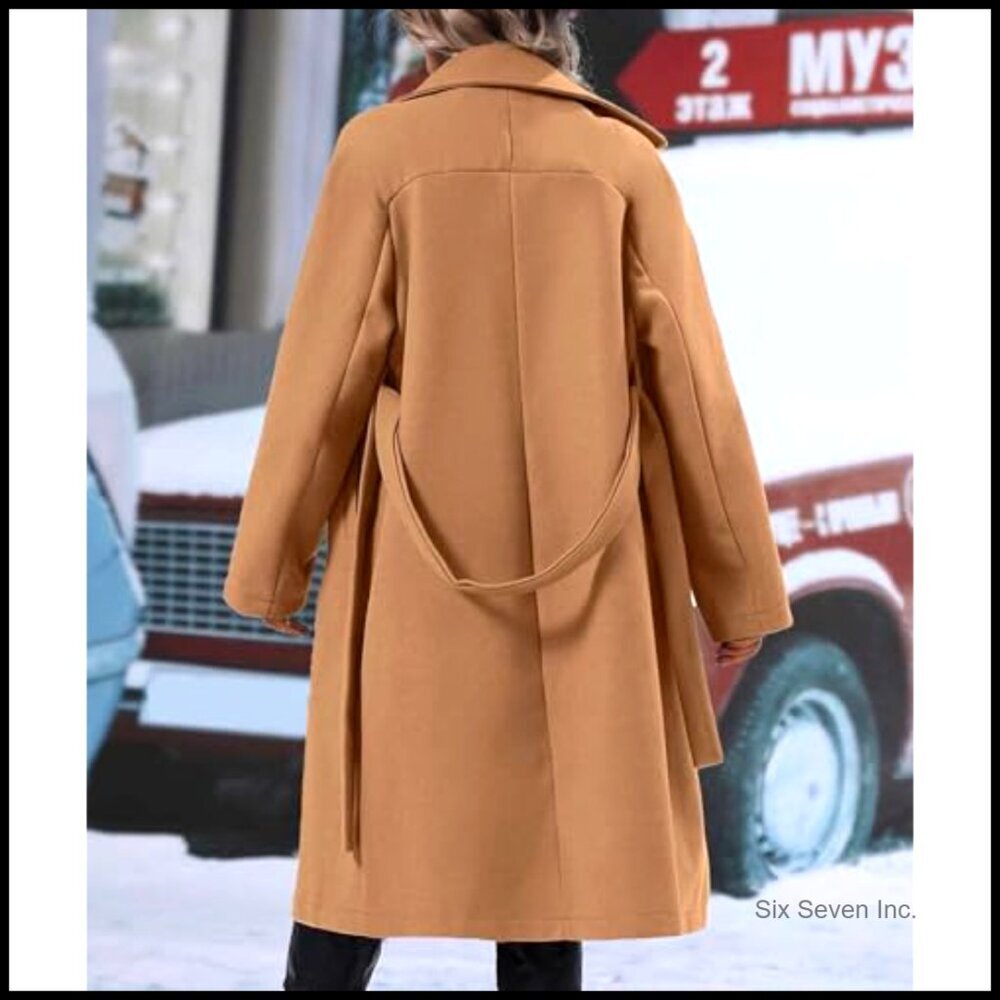 Women's Double Breasted Wool Pea Coat with Belt, Notch Lapel, Long Sleeve - Picture 4 of 5